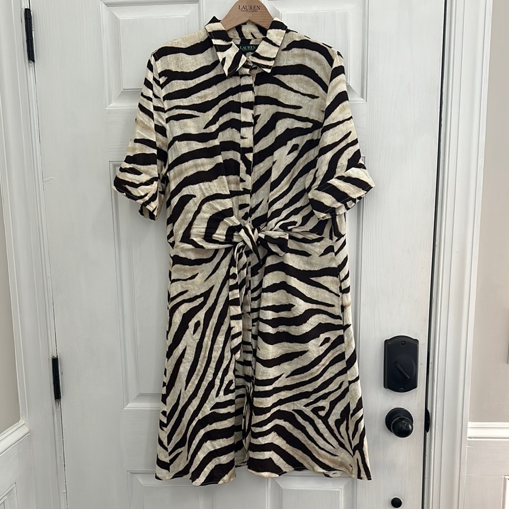 Ralph Lauren Cream and Brown Wrap Dress with 3/4 Cuffed Sleeves